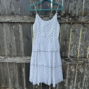 Vtg 1950s Tiered White Black Polka Dot Dress Large Ruffle Lined Midi Spaghetti